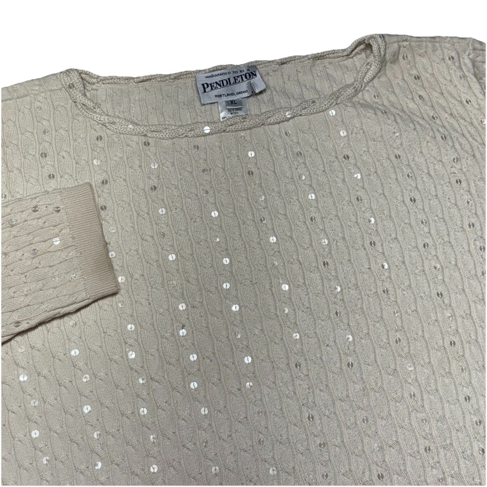 Pendleton Silk Cashmere Cable Knit Sweater Women's XL Cream Pullover Sequins
